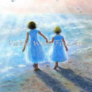 Two Beach Sisters Art Print, two girls beach children ocean paintings two sisters beach wall decor, painting, heavenly, Vickie Wade art image 2