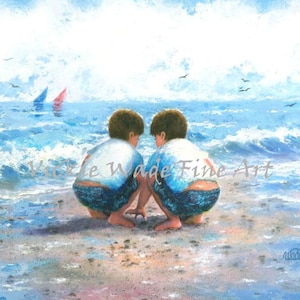 Twin Boys Beach Art Print: Finding Seashells by Vickie Wade