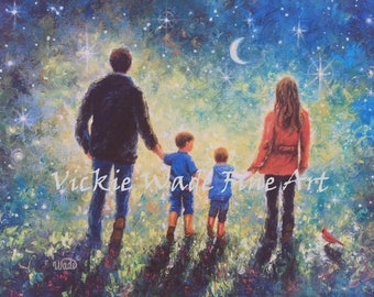 Family Two Boys Art Print evening walk, father, mother, two sons, starry night, twilight walk wall art, Vickie Wade