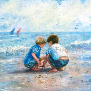 Two Beach Boys Art Print, two brothers beach, beach wall art, art, little boys room, two boys blue wall art, beach painting, Vickie Wade art image 3