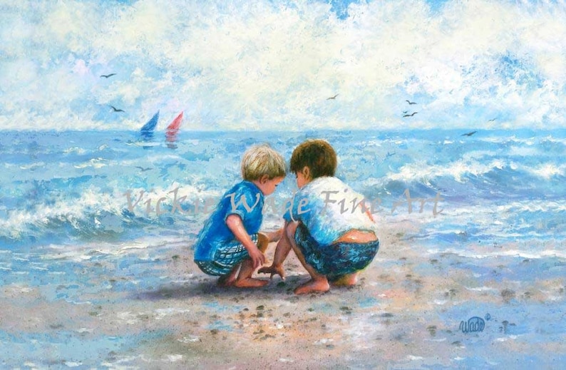 Two Beach Boys Art Print, two brothers beach, beach wall art, art, little boys room, two boys blue wall art, beach painting, Vickie Wade art image 3