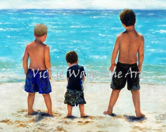 Three Beach Boys Aqua Sea Art Print, three sons, three brothers beach wall art, standing in sand back view, beach art, Vickie Wade Art