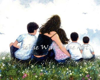 Mother Three Sons and Daughter Art Print, three boys and girl, four children, mom, mum sitting with kids in meadow, Vickie Wade Art