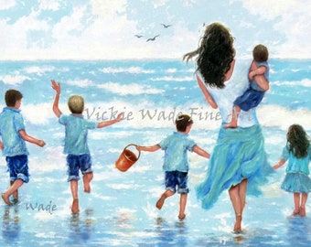 Beach Mother Four Sons and Daughter Art Print, five children, four brothers, mom, four beach boys paintings, beach children, Vickie Wade Art