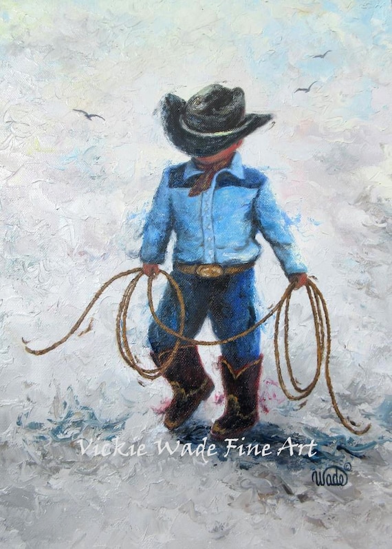 Little Cowboy Art Print, boys room, lasso, little boy, western wall art, black cowboy hat, little cowboy and stick horse art, Vickie Wade