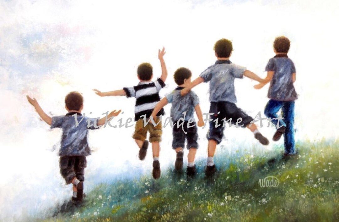 FIVE Brothers Leaping Art Print, Four Boys Playing Running Jumping in