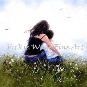 Mother and Son Art Print, mom, boy, brunette mother, mom hugging son, loving mother, mother's day gift, mum wall art,  Vickie Wade Art