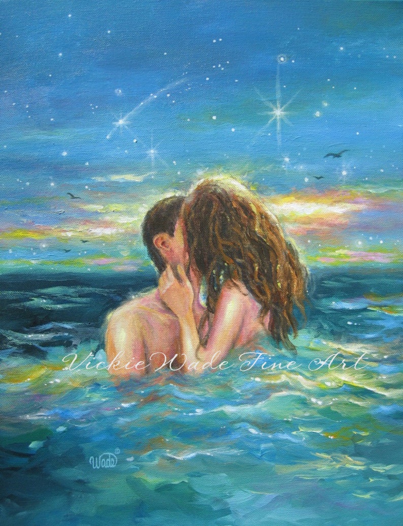 Girl in Sea Art Print, couple kissing in water, aqua, sexy lovers, beach decor, love, teal wall art, skinny dipping, romantic wall art image 2