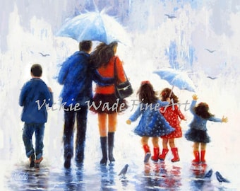 Rain Family Son Three Daughters Art Print, three girls and boy, big brother three sisters, mother father four children, Vickie Wade Art