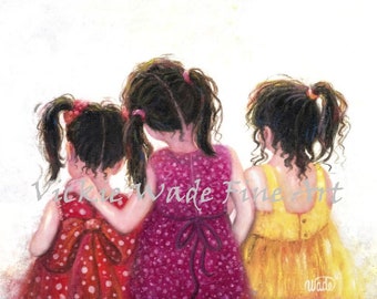 Three Sisters Art Print, three girls art, brunette girls wall art, childrens art, sister love, pink, red, mother's day gift, Vickie Wade art