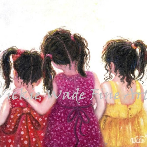 Three Sisters Art Print, three girls art, brunette girls wall art, childrens art, sister love, pink, red, mother's day gift, Vickie Wade art