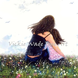 Mother Daughter Art Print, mom daughter hugging wall art, mum daughter, brunette mother daughter sitting in meadow hugging, Vickie Wade Art.