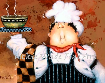 Chef Art Print, fat chef wall art, kitchen chef prints, waiter, dinner is ready chef, kitchen art whimsical chef, Vickie Wade Art