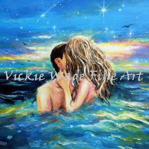 Girl in Sea Art Print, couple kissing in water, aqua, sexy lovers, beach decor, love, teal wall art, skinny dipping, romantic wall art image 4