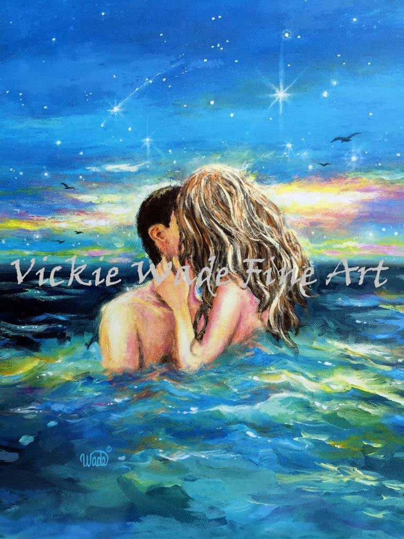 Girl in Sea Art Print, couple kissing in water, aqua, sexy lovers, beach decor, love, teal wall art, skinny dipping, romantic wall art image 4