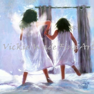 Angel Sister Two Sisters Art Print, Two sisters jumping on the bed, sister memorial, loss of sister, grief gift, angel art, Vickie Wade Art