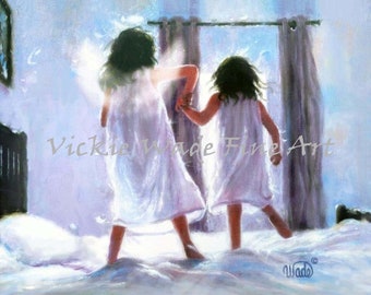 Angel Sister Two Sisters Art Print, Two sisters jumping on the bed, sister memorial, loss of sister, grief gift, angel art, Vickie Wade Art