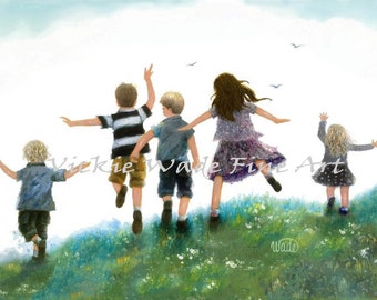 Five Children Leaping Art Print, three boys two girls, three sons two daughters, playing jumping running outdoors, Vickie Wade