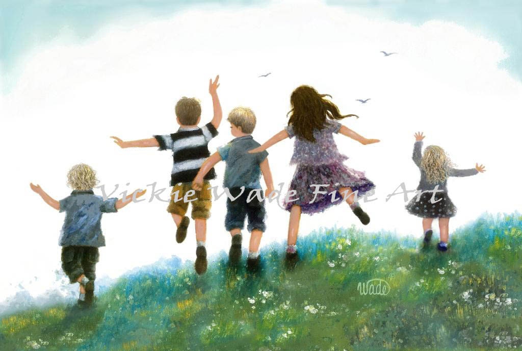 Children Leaping Art Print: Three Boys, Two Girls by Vickie Wade