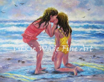 Beach Girls Art Print, two sisters beach, two girls beach, whispering, best friends, girl friends, wall decor, ocean, Vickie Wade art