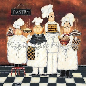 Chefs Art Print, fat chef paintings, chef art, chef kitchen art wall decor, four tall pastry chefs, bakers, four men, 4 men, Vickie Wade art