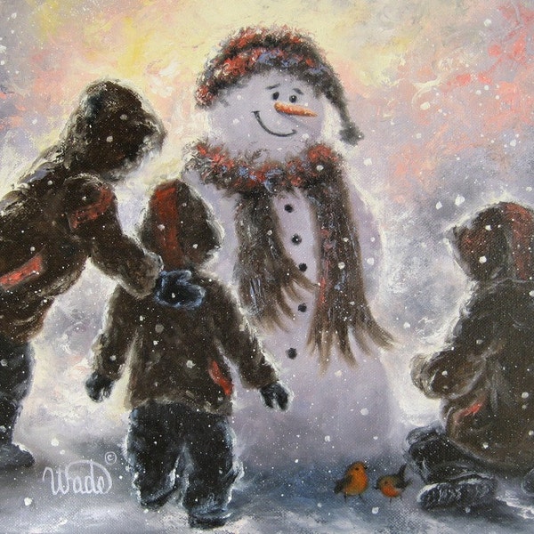 Three Boys Snowman Art print, three brothers, three sons, three children snowman winter art paintings, brown, Vickie Wade Art,