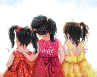 Three Sisters Art Print, three girls art, three daughters, sister love, pink, red dresses, girls room, Mother's Day gift, Vickie Wade art