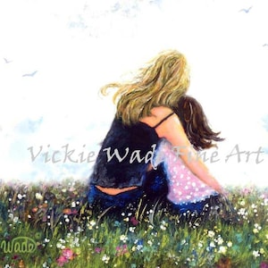 Mother and Daughters Hugs Art Print blonde mom brunette daughter, sitting in wildflower meadow, mother hugging daughter, Vickie Wade Art