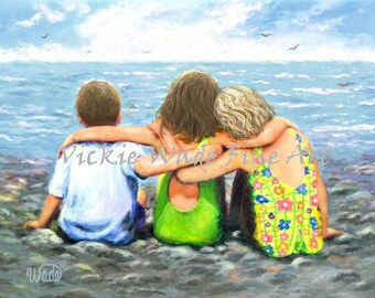 Three Beach Children Hugging Art Print, two sisters' little brother, two girls and boy, two daughters one son beach art, Vickie Wade Art