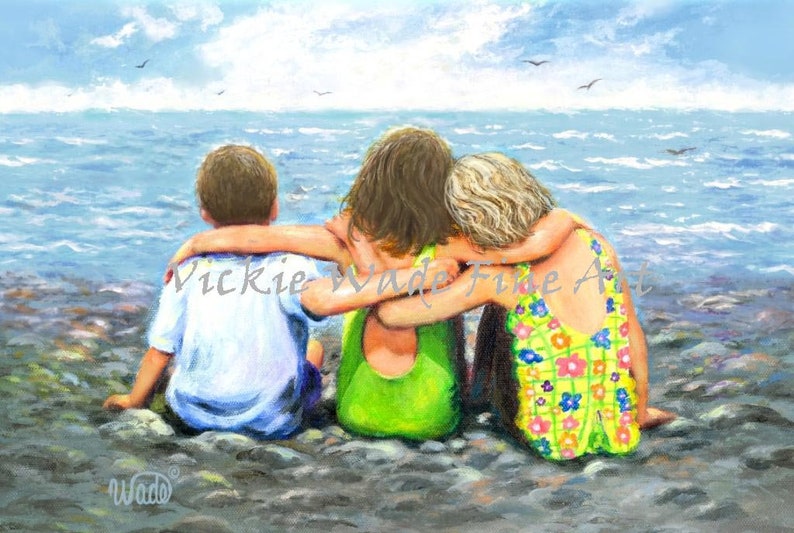 Three Beach Children Hugging Art Print, two sisters' little brother, two girls and boy, two daughters one son beach art, Vickie Wade Art image 1