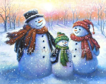 Snowman Family Art Print, father mother son snowmen art, dad mom son, three snowmen, Vickie Wade Art