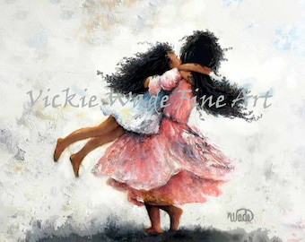 African American Sisters Art Print: Two Black Girls Twirling, Biracial