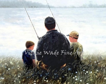 Father Two Sons Fishing Art Print, two brothers fishing with dad, lake fishing, gift for Father's Day, two boys fishing, Vickie Wade Art