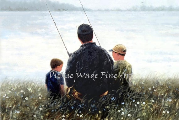 Father Two Sons Fishing Art Print, Two Brothers Fishing With Dad