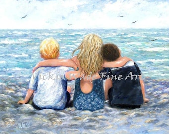 Three Beach Children Art Print, three beach kids hugging, sitting at beach, arm in arm, watching waves, two boys and girl, Vickie Wade Art