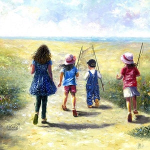 Four Children Fishing Art Print: Beach Path, Three Sisters and Brother