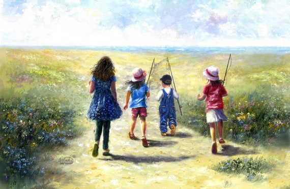 Four Children Beach Path Art Print, Three Sisters and Little Brother  Walking to Beach, Going Fishing Carrying Fishing Poles, Vickie Wade -   Canada
