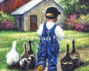 Kunstprint boerderijjongen: muurdecoratie kinderkamer jongen en eenden
