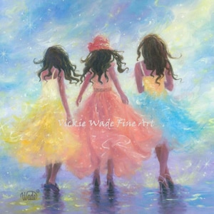 Three Sisters Art Print three girls fashion pastel spring fashion dresses, teenage girls, three bridesmaids, bestfriends, Vickie Wade Art