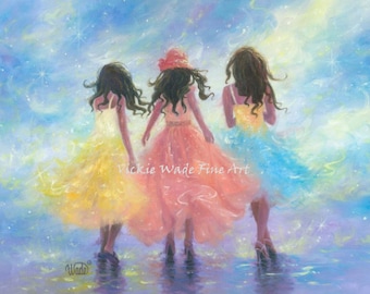 Three Sisters Art Print three girls fashion pastel spring fashion dresses, teenage girls, three bridesmaids, bestfriends, Vickie Wade Art