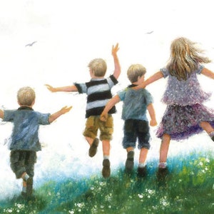 Four Children Art Print, three brothers one older sister leaping in grass, three sons one daughter wall art, jumping running Vickie Wade art