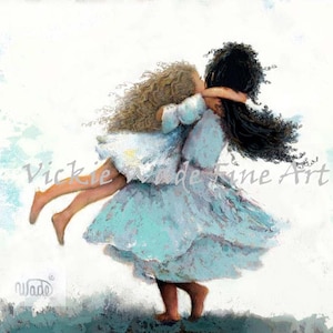 African American Two Sisters Twirling Art Print, blonde curly and black curly girls, two black daughters, spinning, Vickie Wade Art.