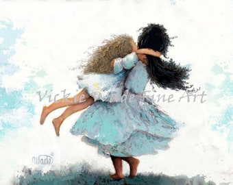 African American Two Sisters Twirling Art Print, blonde curly and black curly girls, two black daughters, spinning, Vickie Wade Art.