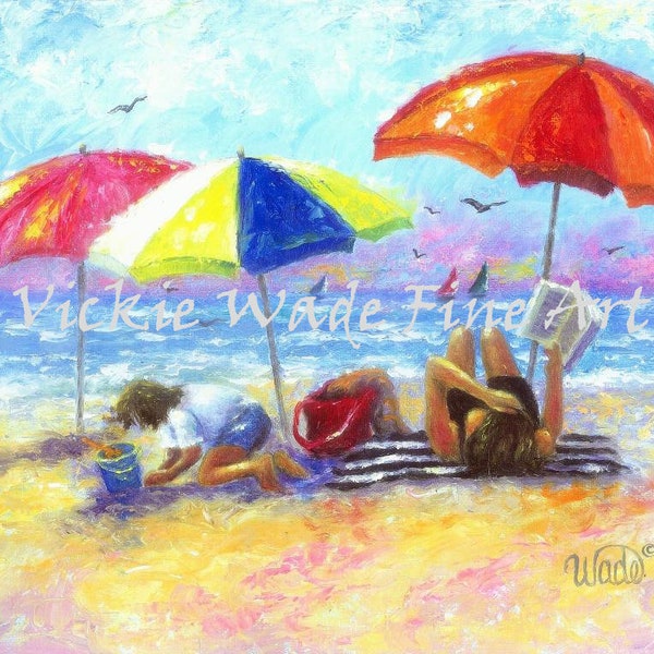 Beach Art Print, mother and daughter beach, beach girls, beach decor, beach painting, beach umbrellas, reading at beach, Vickie Wade art