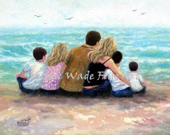 Beach Family Daughter Three Sons Art Print, girl and three boys, sister and three brothers, sitting at beach, four kids, Vickie Wade Art.