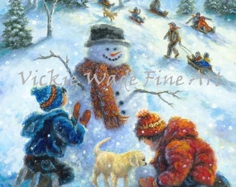 Children Playing in Snow Art Print, snowman, paintings, boy, girl, brother, sister, snowmen, snow sledding, winter art, Vickie Wade art
