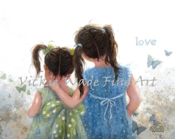 Two Sisters Art Print, two girls, loving sisters, childrens wall art, girls bedroom art, butterflies art, pigtails, sister love, Vickie Wade