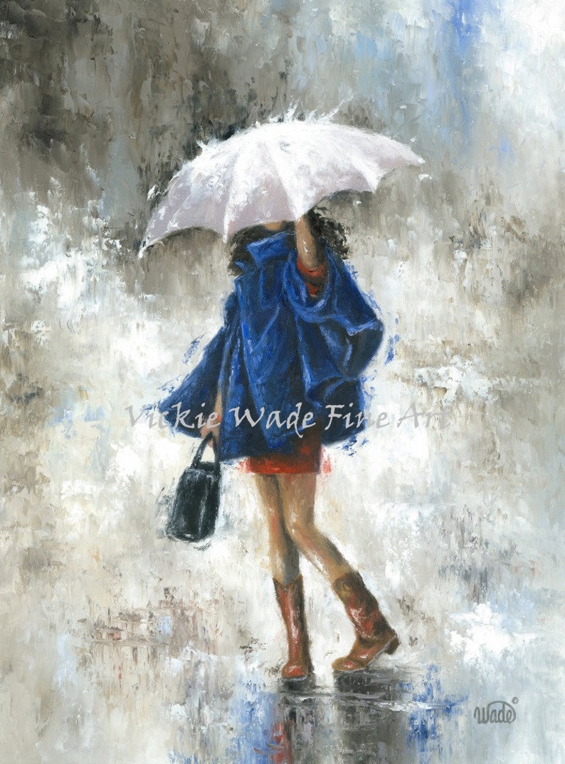 Fashion Lady Art Print Pretty Woman Rain Girl In Rain Navy Blue Modern Home Decorfashion Girl Umbrella Art Wall Decor Vickie Wade Art