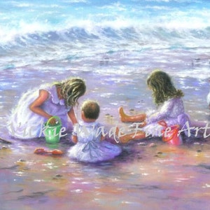 Three Beach Girls Art Print: Finding Seashells by Vickie Wade