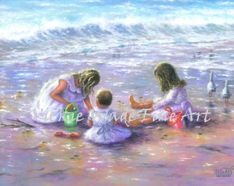 Three Beach Sisters Art print, finding seashells, three beach girls sitting in sand, three daughters at beach white dresses, Vickie Wade Art